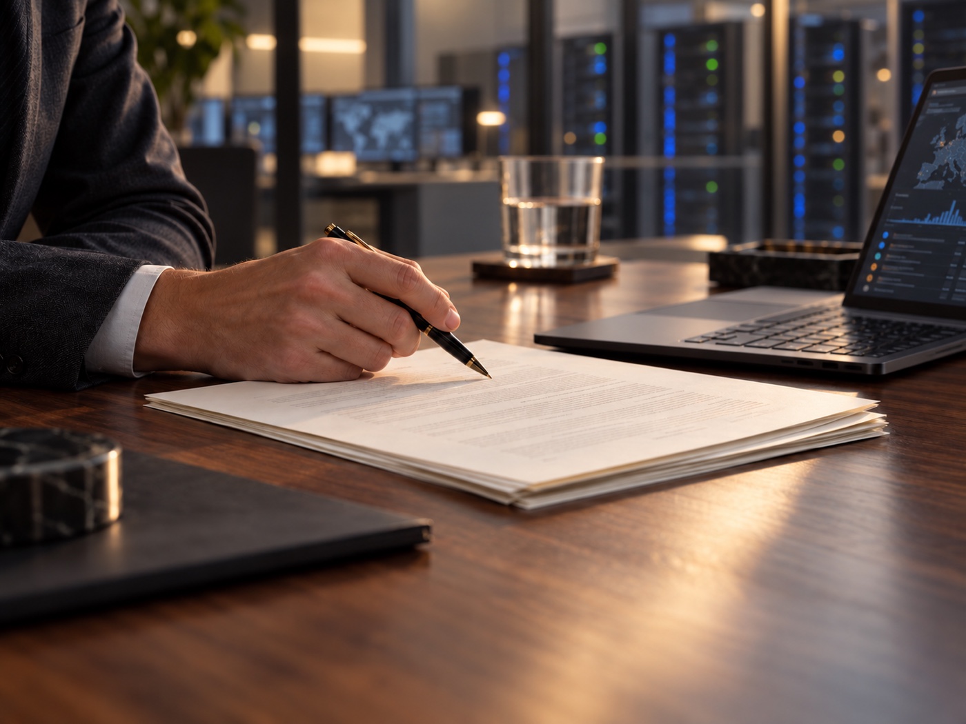 A professional reviewing incident documents beside a security analysis laptop, with server racks in the background.